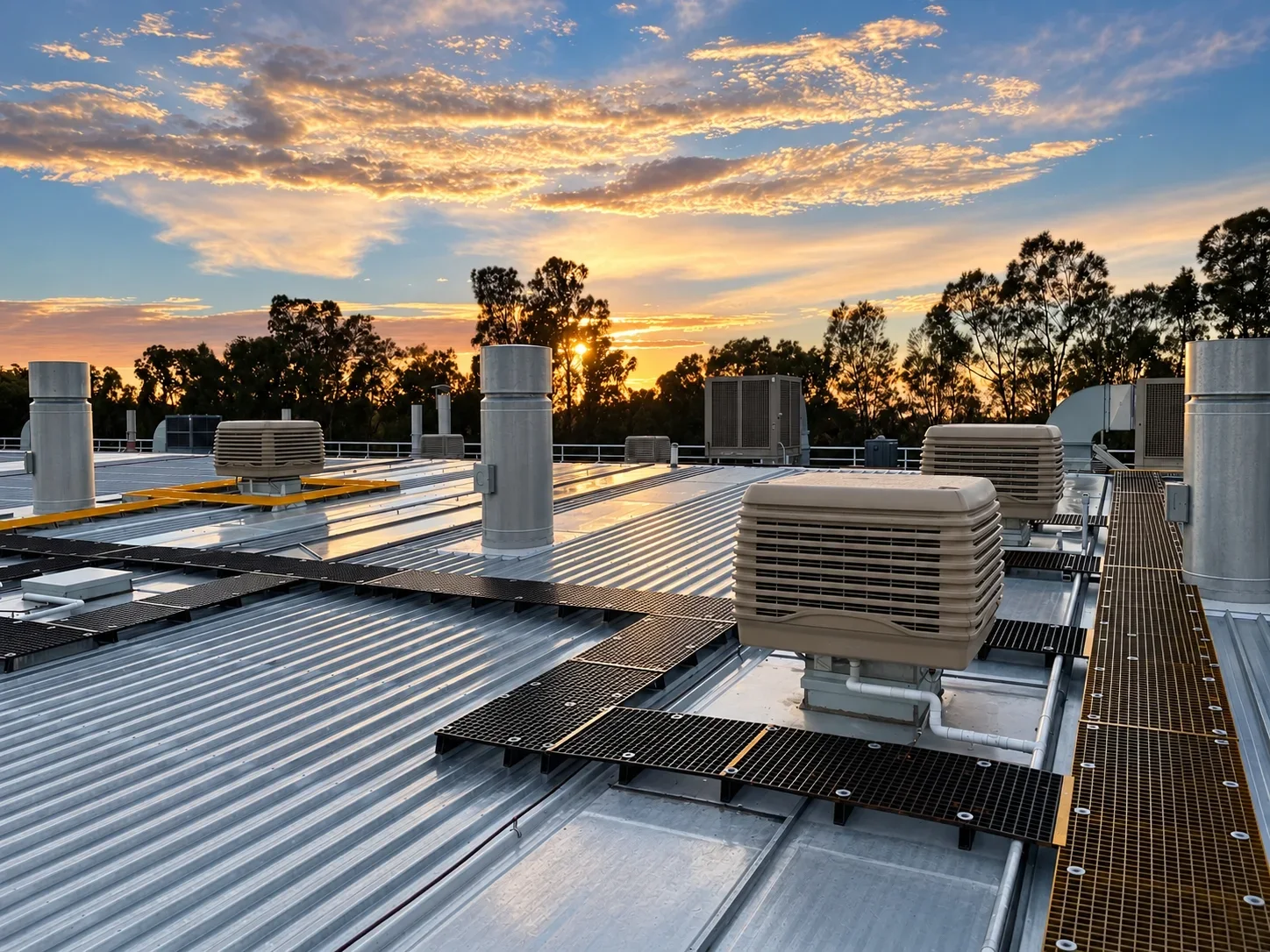 Rooftop plant and walkway systems at Tip Top Carrara at sunset