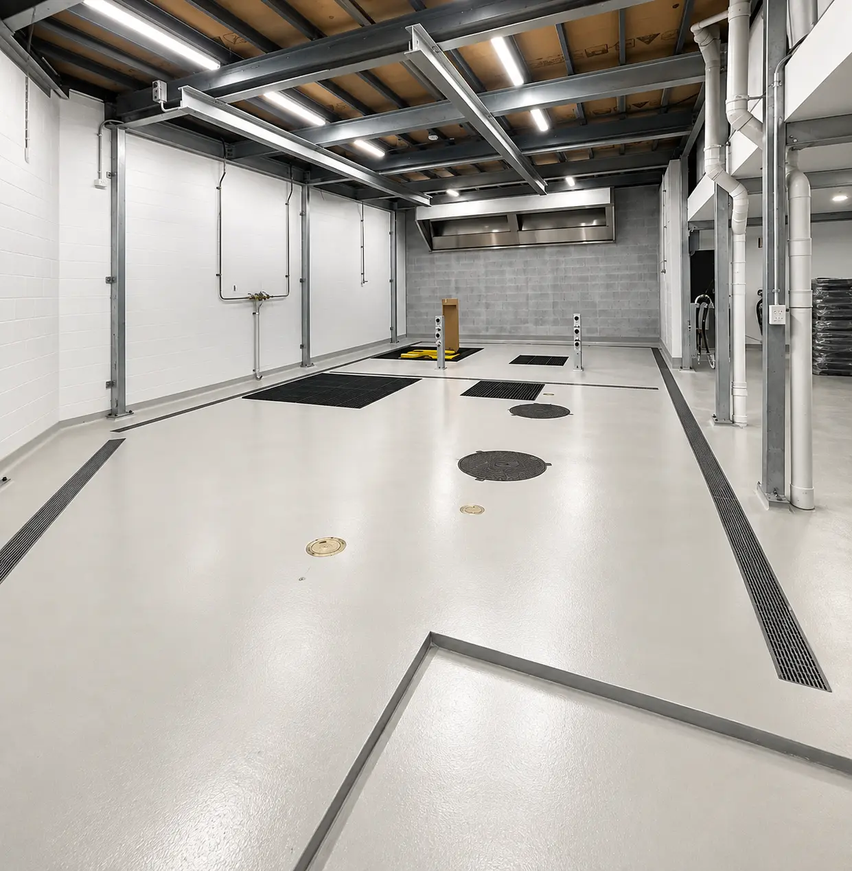 Epoxy floor with trench drains in the refurbished unit