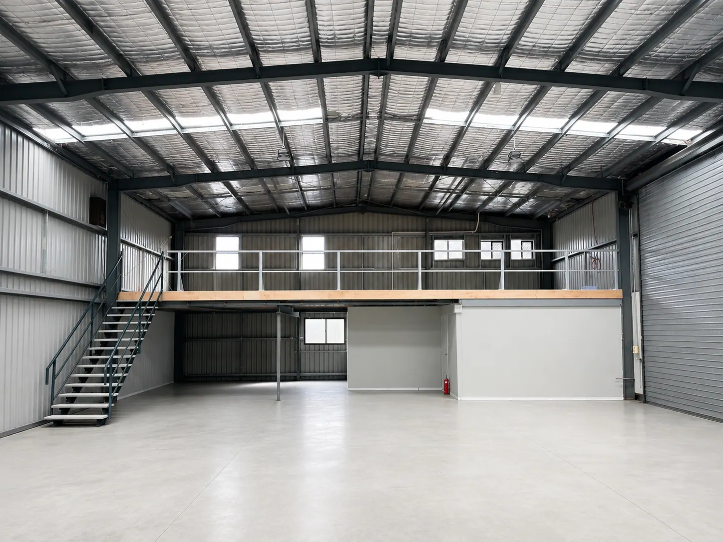 New warehouse interior with mezzanine level, stair and clearspan floor