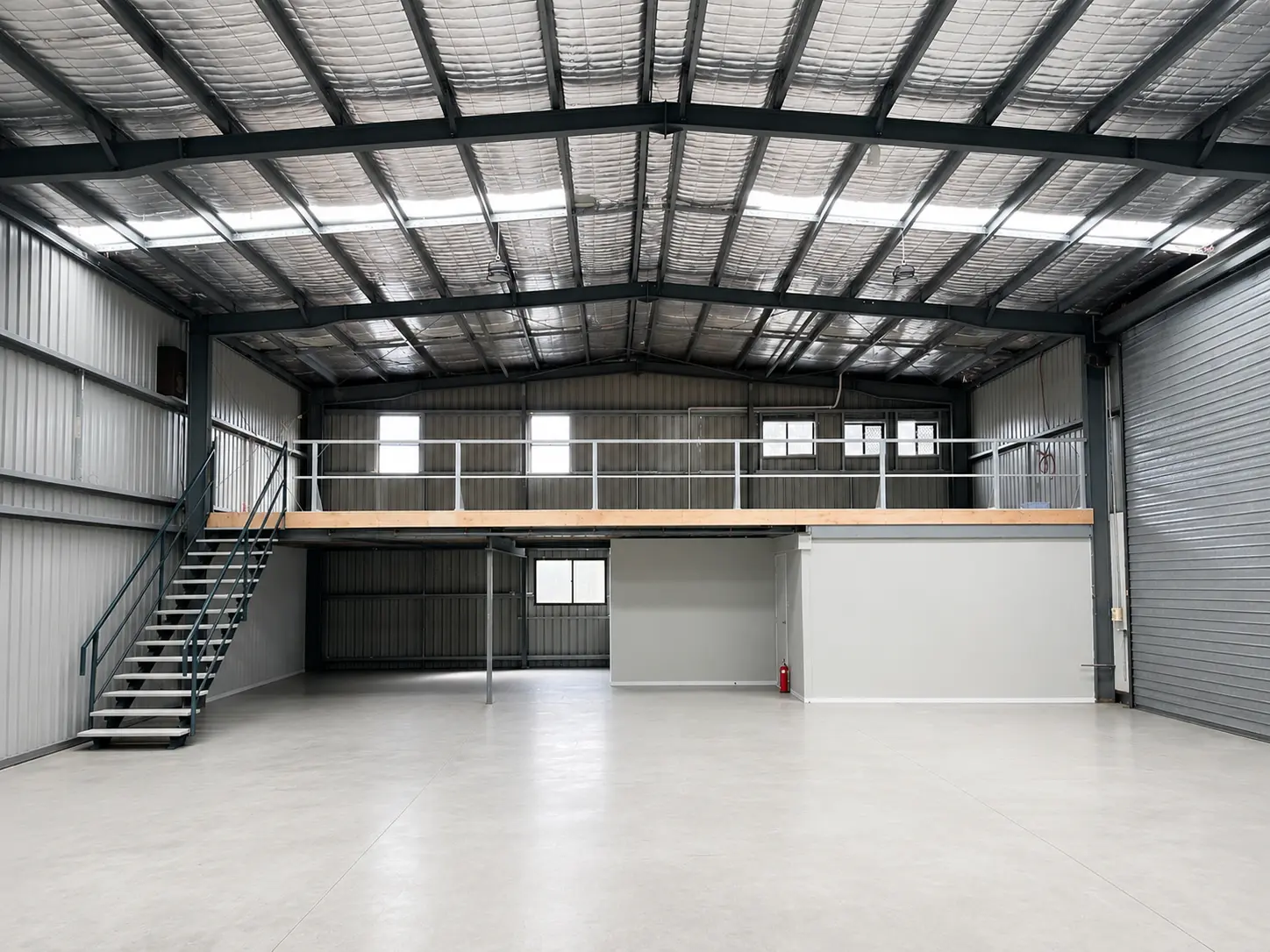 Warehouse interior with mezzanine and high-bay lighting